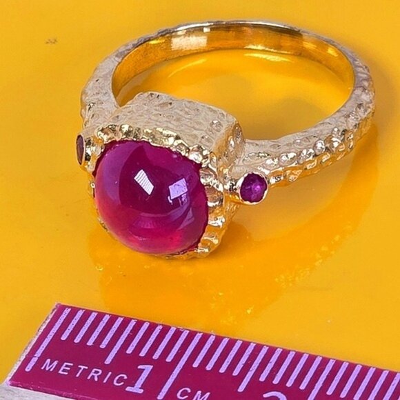 925 Sterling Silver 14K Gold Plated Avant-Garde Ring with Natural Ruby Gemstone - Picture 6 of 14
